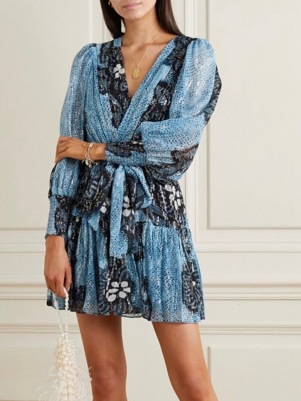 Ulla Johnson Noemi Dress Sky Blue Silk Metallic Shibori Mini Sz 6 NWT